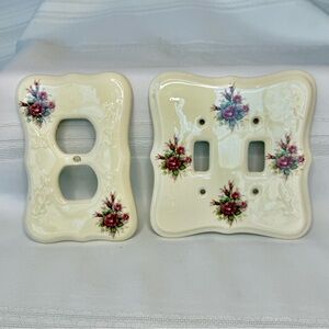 VTG Porcelain Double Light Switch & Single Outlet Cover VB Athena Roses Floral